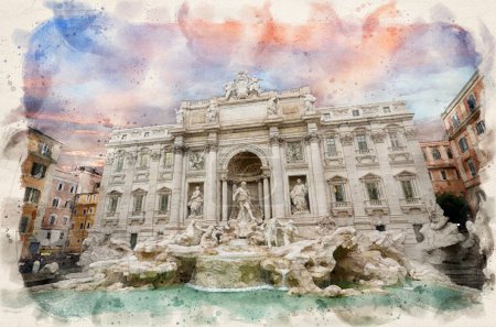 Photo for The Trevi Fountain (Fontana di Trevi) in Rome, Italy in Watercolor style illustration - Royalty Free Image