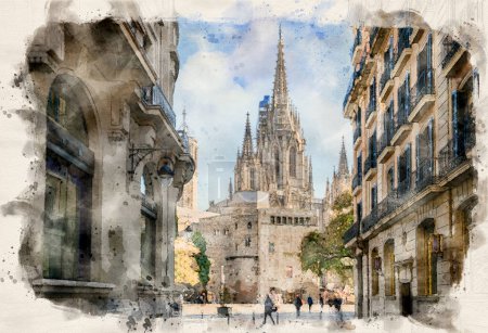 Téléchargez les photos : Cathédrale de Barcelone - Catedral de la Santa Cruz y Santa Eulalia (Sainte Croix et Sainte Eulalia) à Barcelone, Espagne en aquarelle illustration de style - en image libre de droit