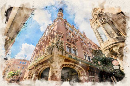 Photo for Palace of Catalan music or The Palau de la Musica Catalana in Barcelona, Spain in watercolor style illustration - Royalty Free Image