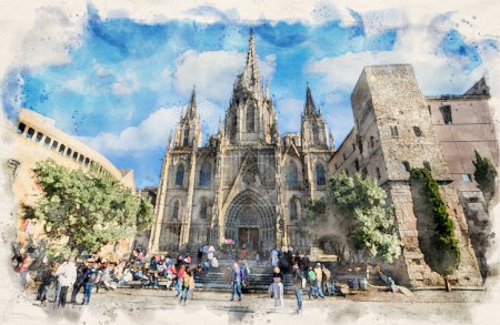 Téléchargez les photos : Cathédrale de Barcelone - Catedral de la Santa Cruz y Santa Eulalia (Sainte Croix et Sainte Eulalia) à Barcelone, Espagne en aquarelle illustration de style - en image libre de droit