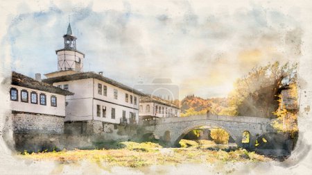 Téléchargez les photos : Panorama de Tryavna, Bulgarie. La tour de l'horloge et le vieux pont de l'arche de pierre dans la vieille ville dans l'illustration de style aquarelle - en image libre de droit