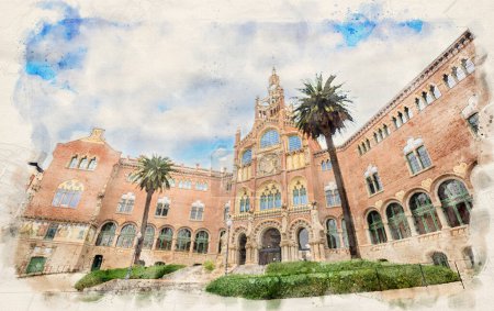 Téléchargez les photos : Hôpital de la Santa Creu i Sant Pau complexe à Barcelone, Espagne dans l'illustration de style aquarelle - en image libre de droit