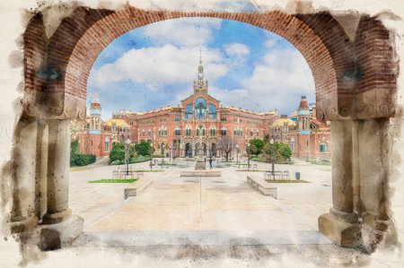 Téléchargez les photos : Hôpital de la Santa Creu i Sant Pau complexe à Barcelone, Espagne dans l'illustration de style aquarelle - en image libre de droit