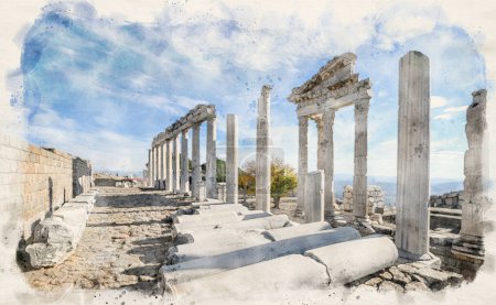 Foto de Templo de Trajano en la Acrópolis de Pérgamo Antiguas ruinas de la ciudad en Bergama, Izmir, Turquía en la ilustración de estilo acuarela - Imagen libre de derechos
