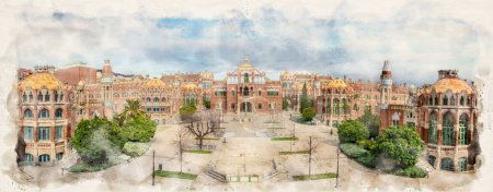Photo for Hospital de la Santa Creu i Sant Pau complex in Barcelona, Spain in watercolor style illustration - Royalty Free Image