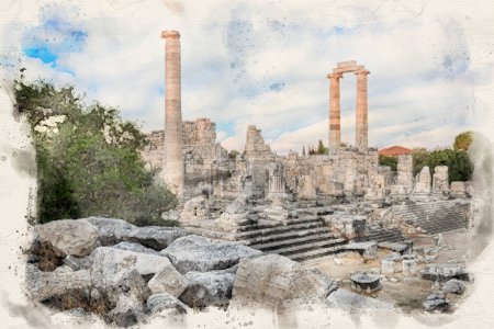 Photo for Temple of Apollo in Didyma Ancient City in Didim, Turkey in watercolor style illustration - Royalty Free Image