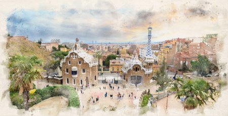 Foto de Parque Güell diseñado por Antoni Gaudí en Barcelona, España en estilo de ilustración de acuarela - Imagen libre de derechos