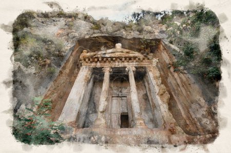 Téléchargez les photos : Tombes rupestres d'Amyntas dans les anciens Telmessos, en Lycie. Maintenant, dans la ville de Fethiye, Turquie dans l'illustration de style aquarelle - en image libre de droit