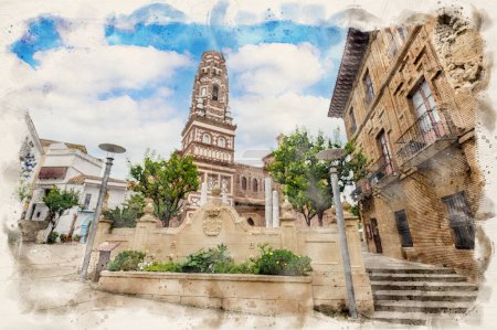 Téléchargez les photos : L'église d'Alcaniz à Poble Espanyol à Barcelone, Espagne dans l'illustration de style aquarelle - en image libre de droit