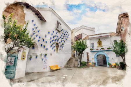 Téléchargez les photos : Le Poble Espanyol ou le village espagnol de Barcelone, Espagne en aquarelle illustration de style - en image libre de droit