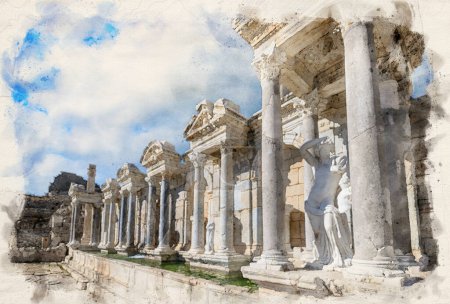 Photo for Sagalassos ancient city near Burdur, Turkey in watercolor style illustration - Royalty Free Image