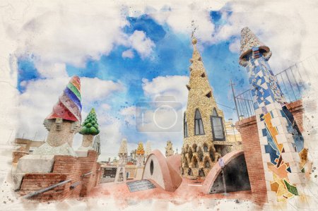 Photo for Palau Guell in Barcelona, Spain in watercolor style illustration - Royalty Free Image