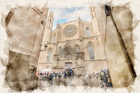 Téléchargez les photos : Eglise Santa Maria del Mar à Barcelone, Espagne en aquarelle illustration de style - en image libre de droit