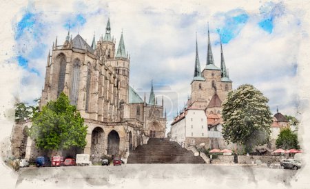 Téléchargez les photos : La cathédrale ou l'Erfurter Dom et la Domplatz d'Erfurt, Allemagne en aquarelle style illustration - en image libre de droit