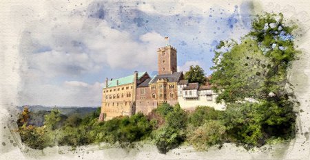 Téléchargez les photos : Château de Wartburg à Eisenach, Allemagne en aquarelle - en image libre de droit