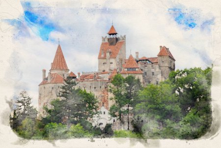 Foto de Castillo de Bran cerca de Brasov, Rumania conocido como Castillo de Drácula en Transilvania en estilo acuarela - Imagen libre de derechos
