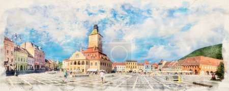Foto de Casa del Consejo en la plaza principal Piata Sfatului del casco antiguo de Brasov, Rumania en estilo acuarela - Imagen libre de derechos