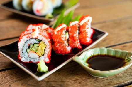 Téléchargez les photos : Sashimi, Sushi salmon & tuna sushi shrimp and wasabi on the wood table. Japanese food - en image libre de droit