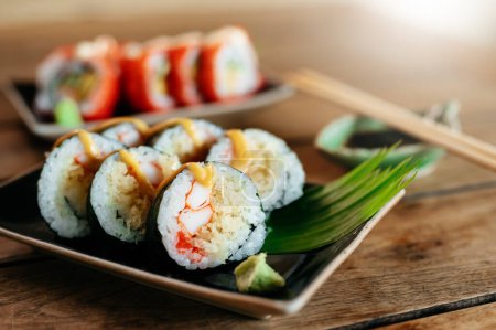 Photo for Sashimi, Sushi salmon & tuna sushi shrimp and wasabi on the wood table. Japanese food - Royalty Free Image