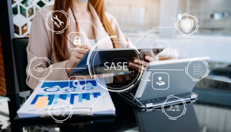 SASE Secure Access Service Edge concept ,woman with table pc and Secure Access Service Edge icon on virtual screen background, password, network, framework and support technology in modern office