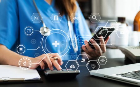 Foto de Health care business graph data and growth, Medical examination and doctor analyzing medical report network connection on phone screen. - Imagen libre de derechos