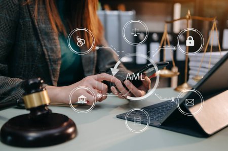 Photo for AML Anti Money Laundering Financial Bank Business Concept. female judge in a courtroom using tablet with AML anti money laundering icon on virtual  screen. - Royalty Free Image
