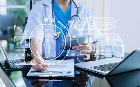 Photo for Health care business graph data and growth, Medical examination and doctor analyzing medical report network connection on tablet screen. in hospital - Royalty Free Image