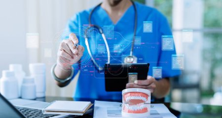 Photo for Healthcare and Medical business virtual graph data doctor analyzing medical report network connection on digital tablet . medical technology - Royalty Free Image