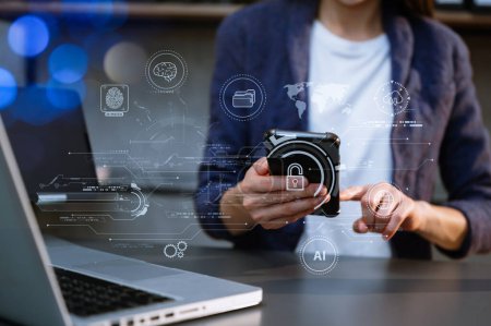 Photo for Network security. businesswoman using  computer with digital padlock for data protection, internet technology networking and cyber security technology. in office - Royalty Free Image