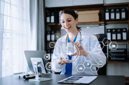 Photo for Health care business graph data and growth, Medical examination and doctor with bottle of pills with network connection on tablet screen. - Royalty Free Image