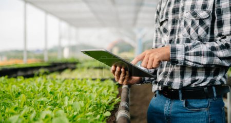 Téléchargez les photos : Agriculteur utilisant un ordinateur tablette numérique dans le domaine, application de la technologie dans l'activité agricole, à la lumière du matin - en image libre de droit