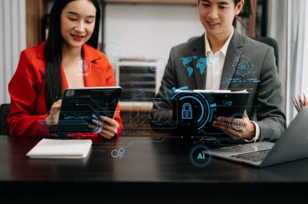 Photo for Network security. business using digital tablet and computer with digital padlock for data protection, internet technology networking and cyber security technology in office - Royalty Free Image