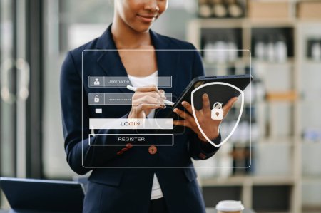 Photo for Cyber security concept, Login, User, identification information security and encryption, secure access to user's personal information woman using smart phone and tablet in office - Royalty Free Image