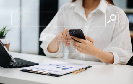Photo for Searching Browsing Internet Data Information Networking Concept with blank search bar. woman working with mobile phone and  tablet computer,  VR icon - Royalty Free Image