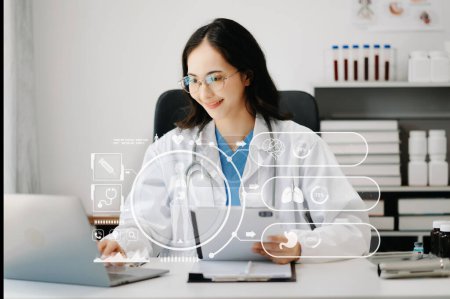 Photo for Health care business graph data and growth, Medical examination and doctor analyzing medical report network connection on tablet screen in hospital - Royalty Free Image