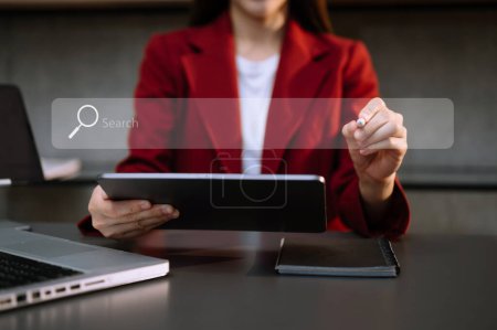 Photo for Searching Browsing Internet Data Information Networking Concept with blank search bar. woman working with digital tablet  phone and VR icon screen - Royalty Free Image