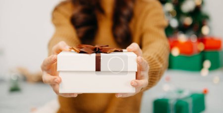 Téléchargez les photos : Les mains de la femme tiennent Noël ou boîte cadeau décorée nouvelle année. Joyeux Noël! - en image libre de droit