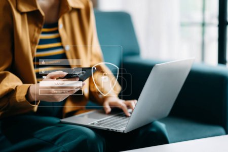 Photo for Cyber security concept, Login, User, identification information security and encryption, secure access to user's personal information woman using smart phone and laptop in office - Royalty Free Image