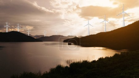 Photo for Eco energy energy concept Windmill on the hill with sunset .clean energy, sustainable, Eco,earth day,green energy,love nature,eco energy concept. in sunset - Royalty Free Image