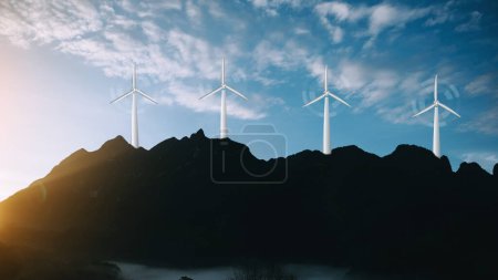 Foto de Concepto de energía ecológica Molino de viento en la colina con puesta de sol. energía limpia, sostenible, Eco, día de la tierra, energía verde, amor naturaleza, concepto de energía ecológica en la luz del sol - Imagen libre de derechos