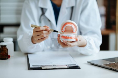 Konzentrierter Zahnarzt sitzt am Tisch mit Kieferproben Zahnmodell und arbeitet mit Laptop in Zahnarztpraxis professionelle Zahnklinik. 