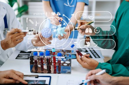 Photo for Medical technology network team meeting concept. Doctors hands working together, with graphics chart interface, with virtual icon - Royalty Free Image