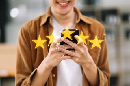 Photo for Customer or client the stars to complete five stars. with copy space. giving a five star rating. Service rating, satisfaction concept - Royalty Free Image