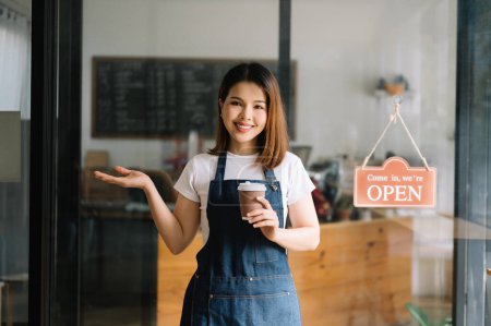 Photo for Startup successful small business owner sme woman standing in cafe restaurant. woman barista cafe owner. - Royalty Free Image