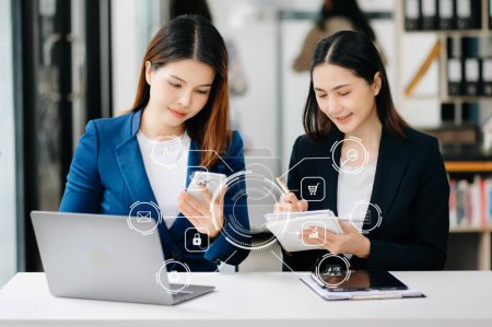 Photo for Asian business colleague business presents and explains new project. Teamwork, financial marketing team, while sitting in modern office room. - Royalty Free Image