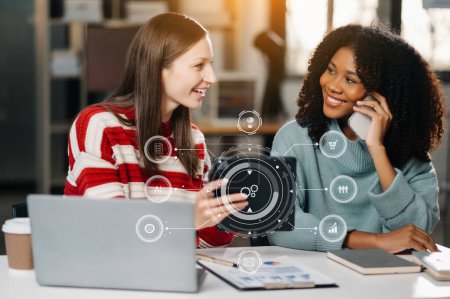 Photo for Digital marketing media website, social network, SEO, smartphone app in virtual screen. businesswomen working on laptop with digital layer business strategy - Royalty Free Image