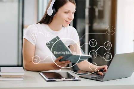 Photo for Person who attends online lessons using technologies. E-learning education and online webinar. Education internet Technology. with virtual icons - Royalty Free Image