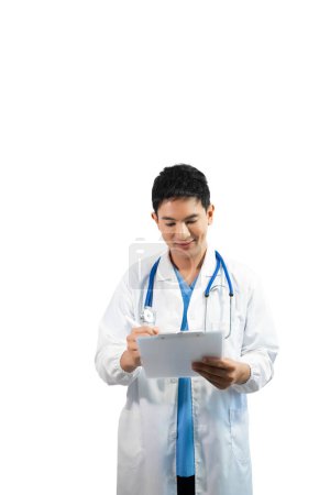 Photo for Male doctor wearing a white coat and a stethoscope holding clipboard on isolated on white background - Royalty Free Image