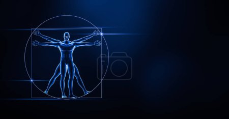 Foto de Vista anterior o frontal del cuerpo humano masculino Ilustración de representación 3D sobre fondo azul con espacio de copia. Médico, anatomía del sistema esquelético, biología, osteología, ciencia, conceptos. - Imagen libre de derechos
