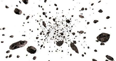 Asteroidenfeld oder -gürtel oder viele Felsen oder Steine isoliert auf weißem Hintergrund 3D-Darstellung.